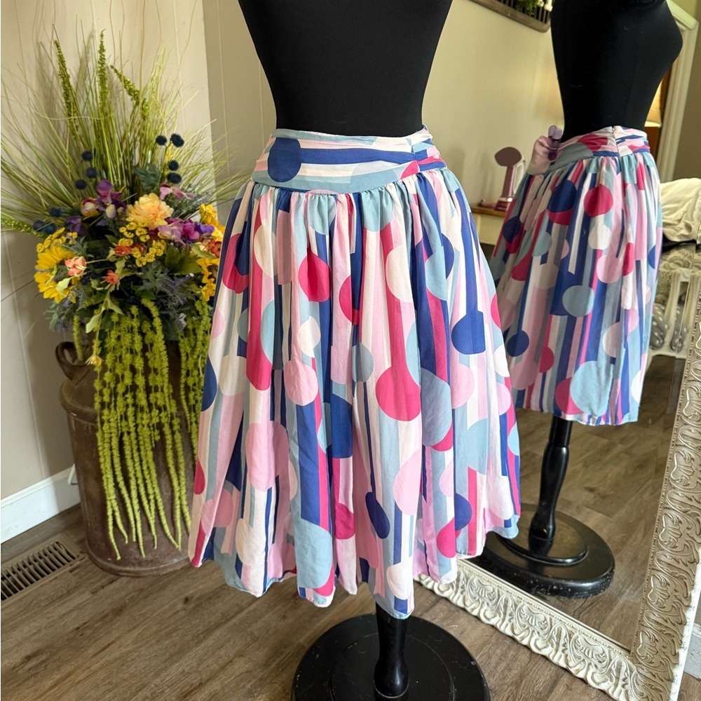 J. Peterman Silk Pink, Blue & White A-Line Skirt with Playful Polka-Dot Print